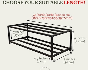 May include: A black metal shoe rack with two tiers. Text reads: Shoe rack dimensions CHOOSE YOUR SUITABLE LENGTH! 40/50/60/70/80/90/100 cm (18/20/23/27/31/35/39 inches). Dimensions: 7 inches height, 9 inches total height, 12 inches depth, 0.7 inches leg.