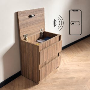 May include: A wood-grain finish nightstand with a hinged top compartment and two lower drawers. The top lid features a locking mechanism. A graphic icon shows a smartphone with an unlock symbol and a Bluetooth signal, indicating wireless access.