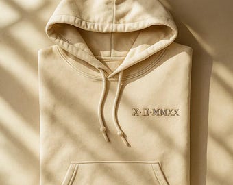 Personalised Roman Numeral Hoodie, Custom Embroidered Date Sweatshirt, Anniversary Gift for Him or Her, Minimalist Couple Hoodie, Wedding