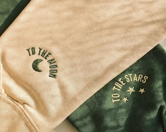 To The Moon To The Stars Matching Hoodies, Embroidered Sleeve Hoodie, Couple Anniversary Gift, Personalised Relationship Hoodies, Any Colour