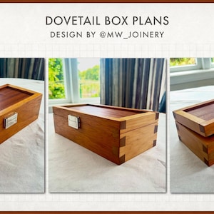 Pode incluir: Uma caixa de madeira com construção de cauda de andorinha. A caixa é feita de dois tipos diferentes de madeira, uma clara e outra escura. A caixa tem uma tampa com dobradiças e um fecho de metal. A caixa está fechada na primeira imagem, aberta na segunda imagem e fechada na terceira imagem. O texto "Dovetail Box Plans" e "Design by @MW_JOINERY" é visível na parte superior da imagem.