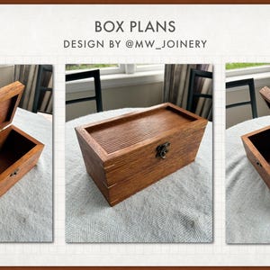 May include: Three images of a wooden box with a hinged lid and a metal latch. The box is made of light brown wood with a natural wood grain. The box is closed in the first image, open in the second image, and closed in the third image. The box is sitting on a white tablecloth.