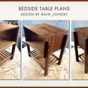 May include: Three wooden bedside tables with a shelf and a lower shelf with slats. The tables are made of dark wood with light wood accents. The tables are all in different positions, showing off the different angles of the design.  DESIGN BY @MW_JOINERY