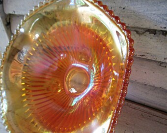 Vintage Marigold Carnival Glass, Jeanette, , Three Footed, Fluted, Beaded Edge, Candy Bowl