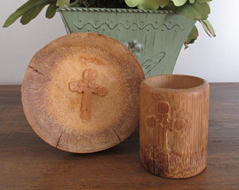 Unusual Hand Carved Wooden Cup & Coaster - Cross - Christian