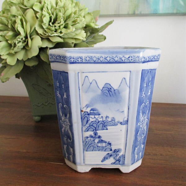 Vintage Blue and White Mountain Scene Porcelain Squared Cache Chinese Flower Pot - 6 1/4 Tall