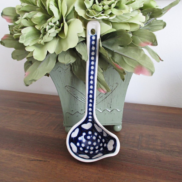 Gorgeous Pottery Ladle - Blue & White Polka Dots and Hearts - 7"