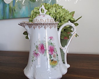 Gorgeous Antique Porcelain Coffee/Chocolate/Tea Pot - Hand Painted - C.T.  Carl Tielsch - Germany - Late 1800's - Early 1900's