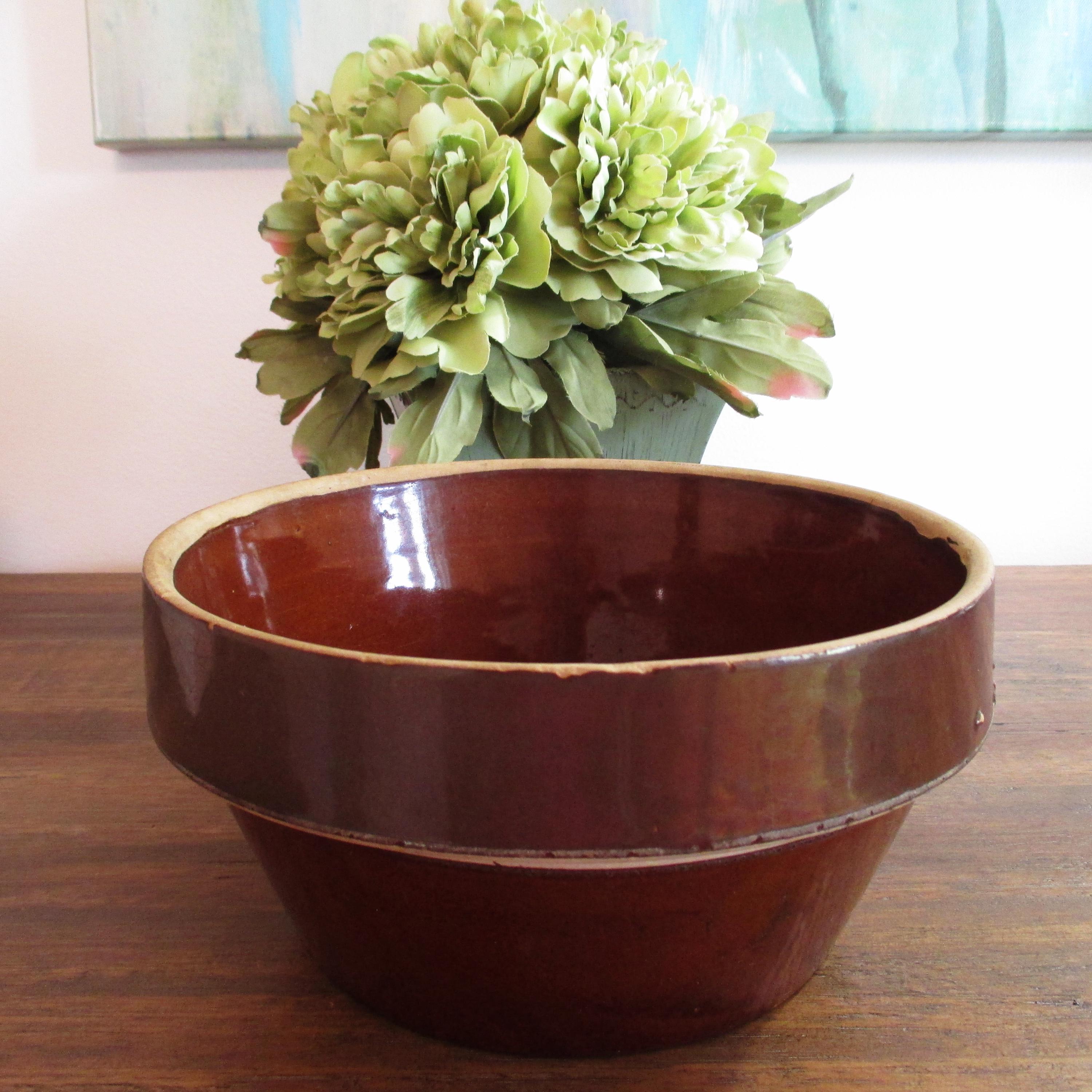 Antique Brown Stoneware Flat Bottom Bowl/Crock - Primitive 8” x 4" Serving/Mixing Bowl