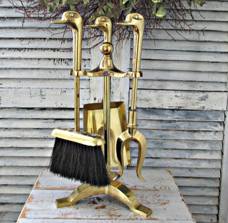 Vintage Brass Duck Head Fireplace Stove Tool Set Etsy