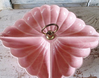 Vintage CALIFORNIA POTTERY Pink Sectioned Serving/Candy/Nut Dish - Circa 1950&#39;s - Mid Century Modern Decor