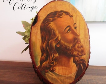 Vintage Wood Slice Decoupage Jesus Wall Hanging - 1960's - 1970's - 12" x 8"