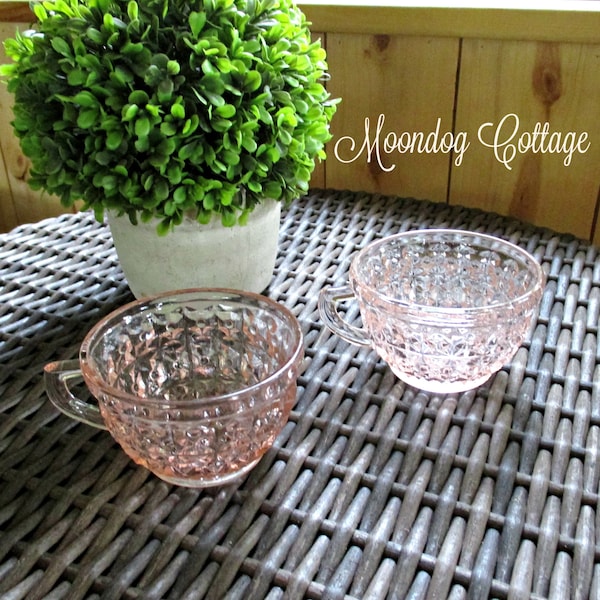 Jeanette Glass - Holiday Buttons & Bows Pink Glass Tea Cups - Diamond Cut - Cube - Geometric -  1940's Depression Glass