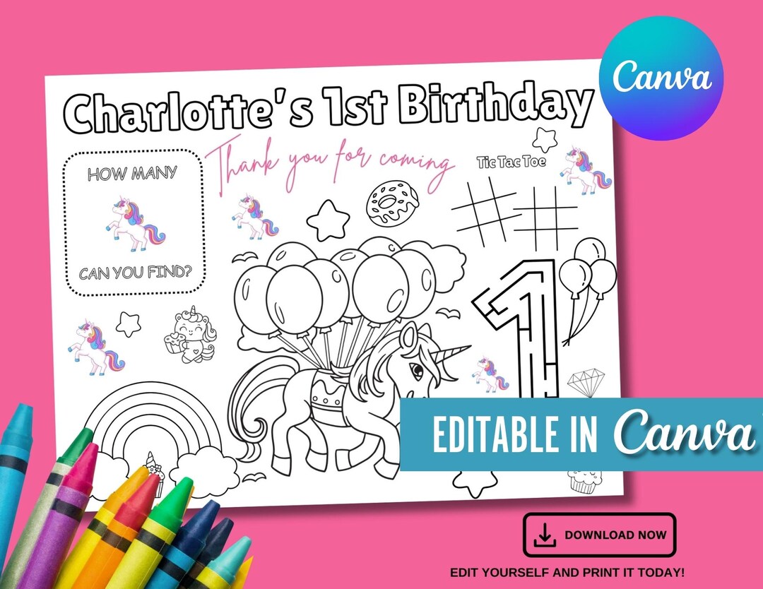 Unicorn Birthday Coloring Placemat | Editable Party Activity (digital ...