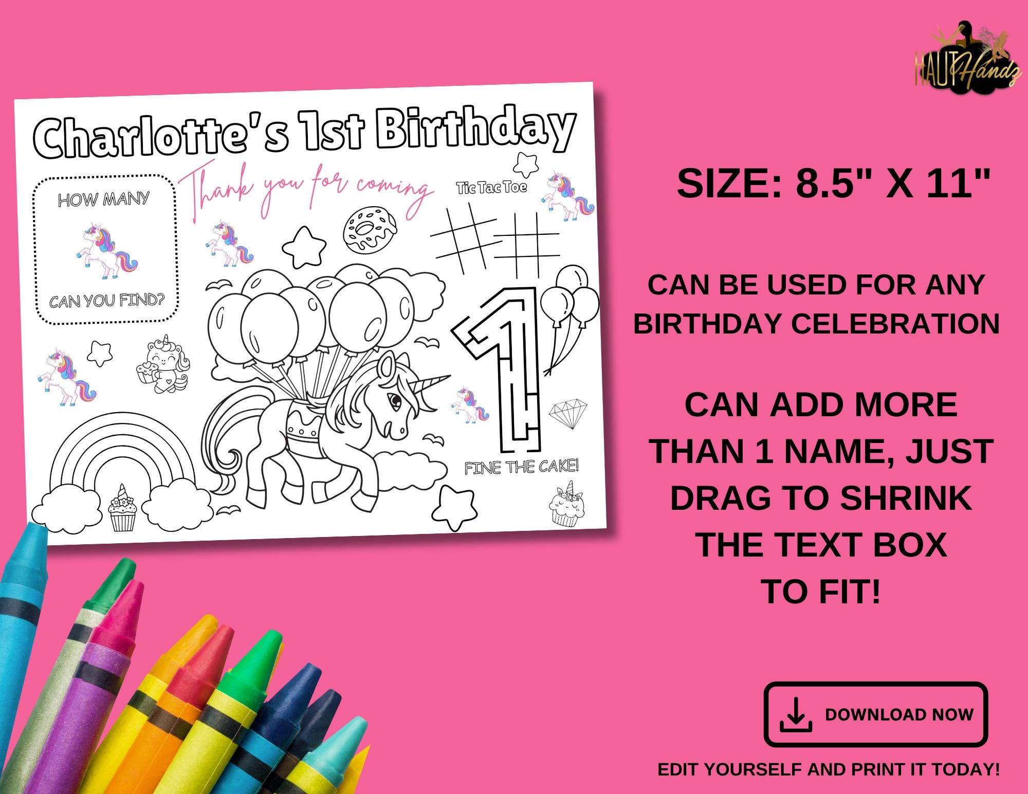 Unicorn Birthday Coloring Placemat | Editable Party Activity (digital ...