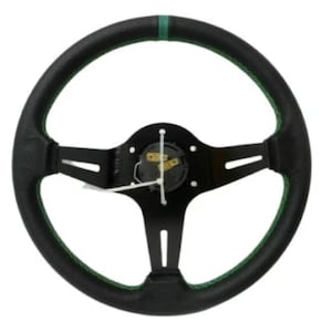 Set stuurwiel 3-spaaks racestijl leer groen stiksel claxon 14&quot; expresverzending