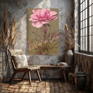Floral Canvas Art, Pink Rose and Foliage Print, Rooted in Love Quote, Botanical Wall Decor, Flower Enthusiast Gift, Home Decor,Floral Accent