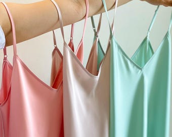 Underdress Slip | Pink & Pastel Green Satin Petticoat | Cami Nightgown for Bridesmaid | Handmade in Vietnam