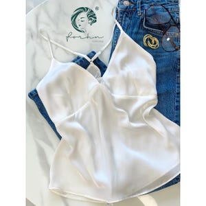 White Satin Camisole Top | Spaghetti Strap Silk-Blend Blouse, Custom Colors, Everyday Chic Look