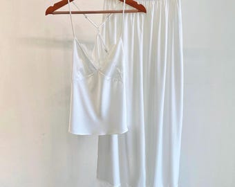 White Satin Cami Pants Set Bridal Pajamas Lace Sleepwear Bride Getting Ready Gift