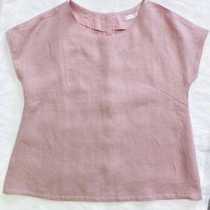 Handmade Linen Blouse | Button Back Short Sleeve Top | White Linen Shirt for Women & More Pink