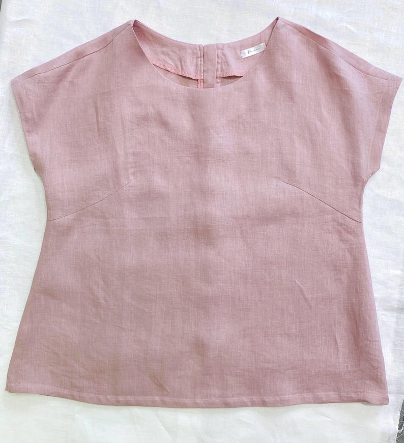 Handmade Linen Blouse | Button Back Short Sleeve Top | White Linen Shirt for Women & More Pink