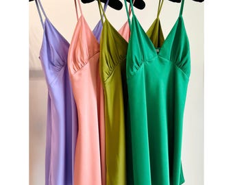 Silky Satin Slip Dress in Grass Green, Petal Pink & Custom Color – Bridesmaid, Bridal Wear
