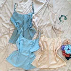 Satin Cami in Light Blue, Stone, Beige & Custom Color Orange, Black |  Round Neck Satin Tank - Office Top, Silky Camisole - Bridesmaid Gift