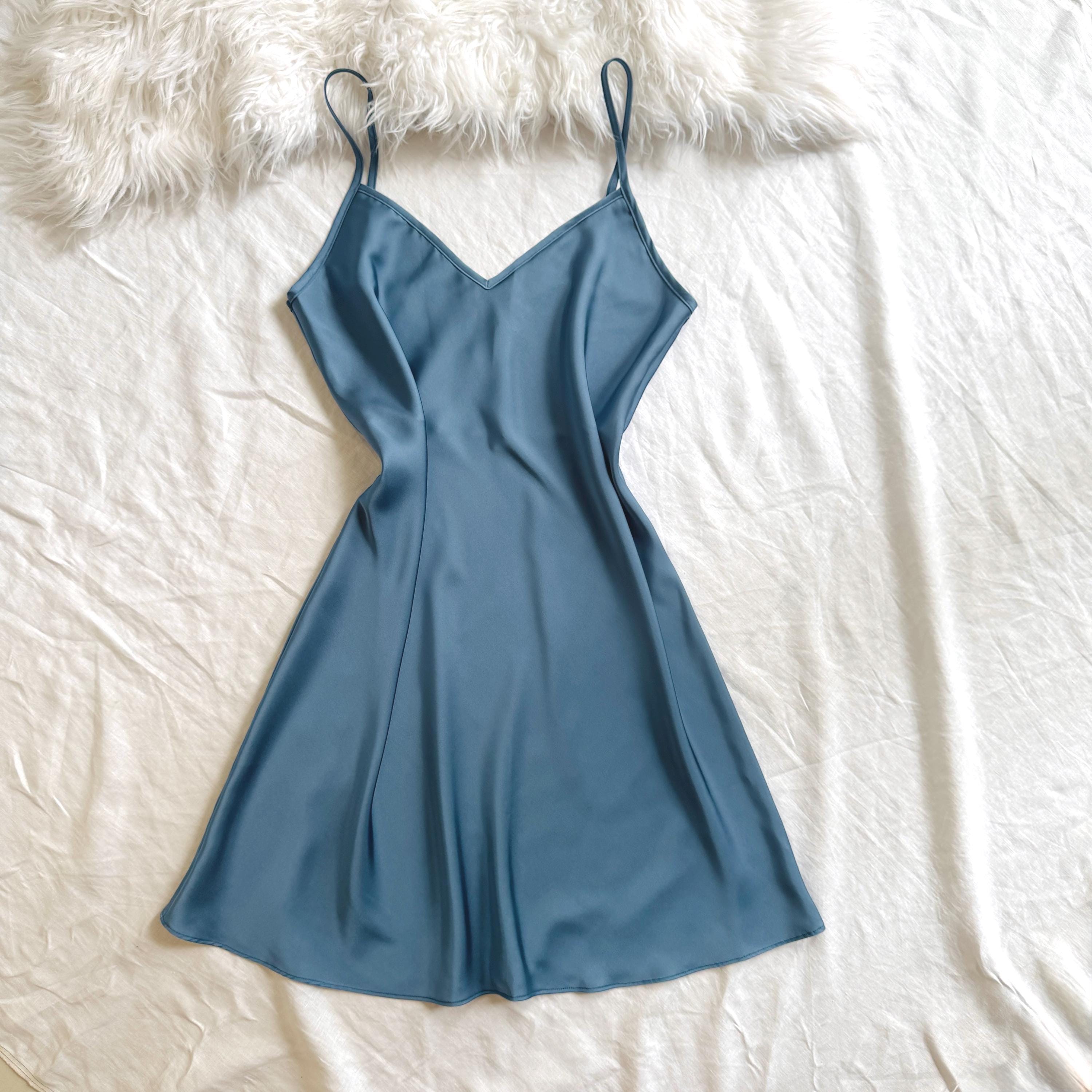 Blue Gray Satin Slip Dress, V-neck Backless Cami Nightgown, Silky Sleepwear, Bridal & Bridesmaid Gift