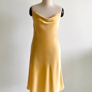 Satin Dress in Yellow, Custom Colors White, Pink, Blue |Gift for her| Gold Satin dress | Gold Silk-blend Dress - Cowl Neck Satin Midi Dress
