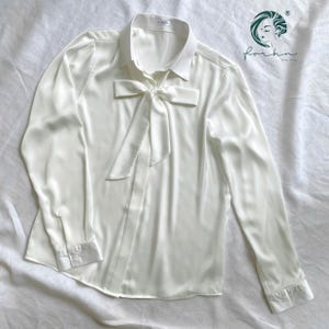 White Satin Blouse: Tie Neck Long Sleeve Shirt - Custom Colors