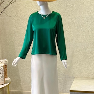 Green Silky Blouse | Women’s Long Sleeve Satin Shirt, Round-Neck Top for Office & Workwear
