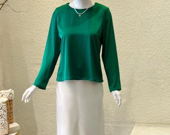 Green Silk-blend Blouse | Women’s Long Sleeve Satin Shirt, Round-Neck Top for Office & Workwear