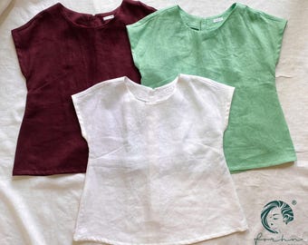 Linen Blouse - Button Back Short Sleeve Top in White, Mint Green, Burgundy & Custom Colors
