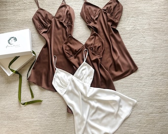 Satin Slip Dress in Chocolate Brown, White – Custom Colors Bridesmaid Dress & Bridal Shower Gift