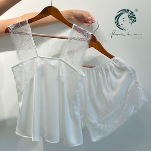 White Lace Satin Cami Shorts Pajama Set | Bride Getting Ready Outfit | Bridesmaid Pajamas