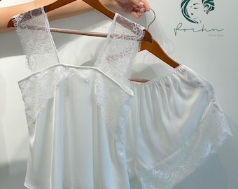 White Lace Satin Cami Shorts Pajama Set | Bride Getting Ready Outfit | Bridesmaid Pajamas