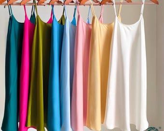 Satin Slip Dress in White, Gold, Pink, Blue, Green Bridal & Bridesmaid Gift Cami Nightgown