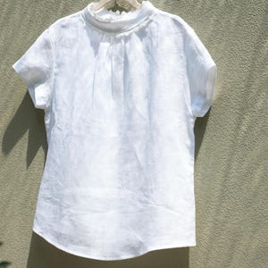 White Linen Blouse for Women, Short Sleeve Summer Linen Top | High Neck Button Back Linen Shirt | White Linen Shirt for Women | Gift for Her