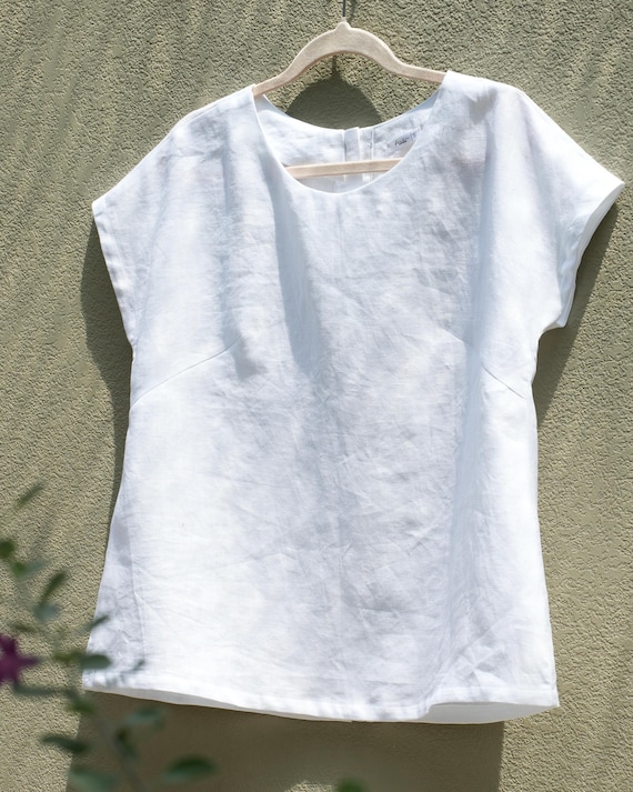 Handmade Linen Blouse | Button Back Short Sleeve Top | White Linen Shirt for Women & More