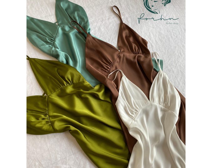 Satin Slip Dress, Adjustable Strap, Bias Cut Cami Nightgown for Women, Bridesmaid & Bridal Wear