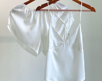Satin Cami & Shorts: Bridal Bachelorette Gift | White Camisole Set | Bridesmaid Pajamas Set | Summer Sleepwear
