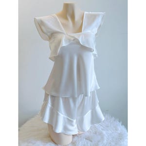 White Satin Sleepwear Ruffle Cami Shorts Set Bridal Pajama Custom Bridesmaid Gift WHITE