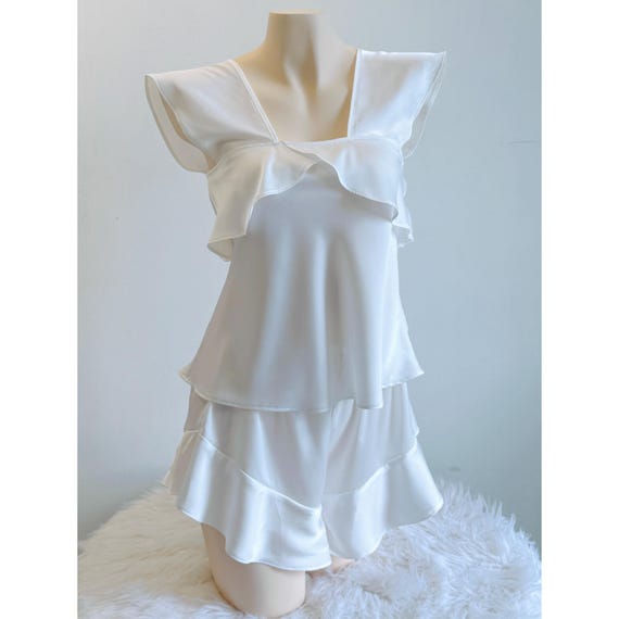 White Satin Sleepwear Ruffle Cami Shorts Set Bridal Pajama Custom Bridesmaid Gift