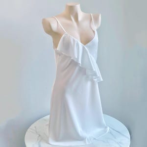 White Satin Ruffle Slip Dress Bridal Shower Gift Honeymoon Nightgown Getting Ready Outfit