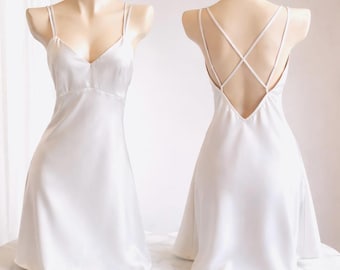Satin Backless Slip Dress | Bridal Shower Gift | Custom Color For Bridesmaid | White Cami Nightgowns