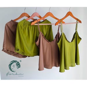 Silk Camisole Set in Chocolate, Green Silk Cami & Shorts Set JULIE, Women Silk Sleepwear, Bridesmaid Gift, Summer Pajamas Set, Gift for her