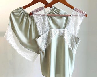 Sage Green Satin Lace Cami Pajama Set Bridesmaid Gift Summer Sleepwear Silky Loungewear Women