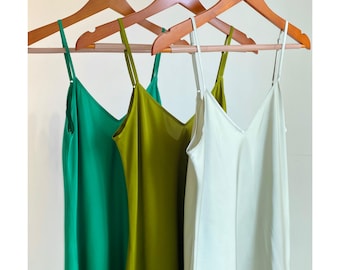 Satin Slip Dress - V-Neck Silky Cami Nightgown in Emeral-Green, Grass-Green, Pastel-Green & custom colors, length