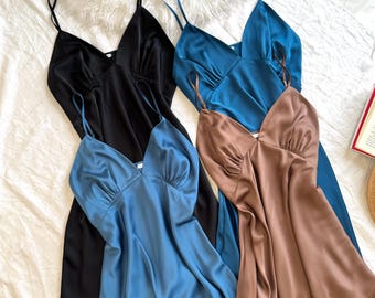 Satin Slip Dress, Teal, Chocolate, Black, custom colors Bridal & Bridesmaid Gift - Silky Cami Nightgown